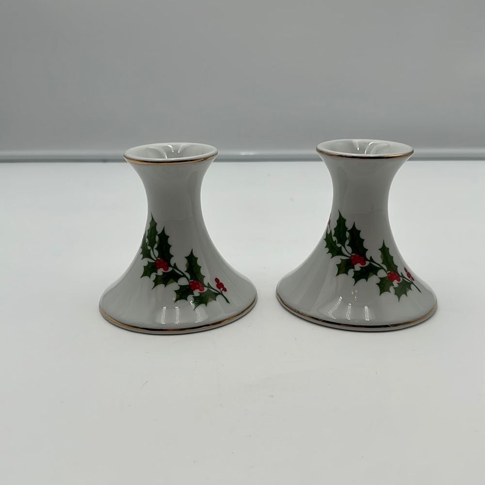 Vintage Beacon Hill Porcelain Holiday Holly Candlesticks- a Pair